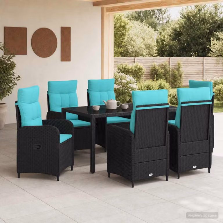 Set da pranzo per esterni vidaXL in polyrattan nero con tavolo in vetro, 7 pezzi