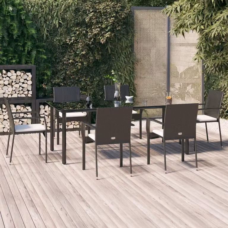 Set da pranzo da giardino moderno vidaXL in polyrattan nero con cuscini e tavolo in vetro, 7 pezzi