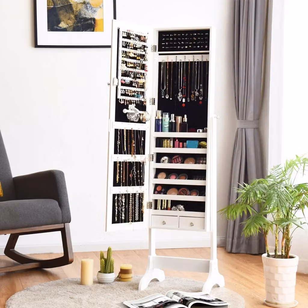 Armadietto porta gioielli moderno con specchio e serratura, bianco, L: 156 cm, P: 46 cm, H: 37 cm – 2