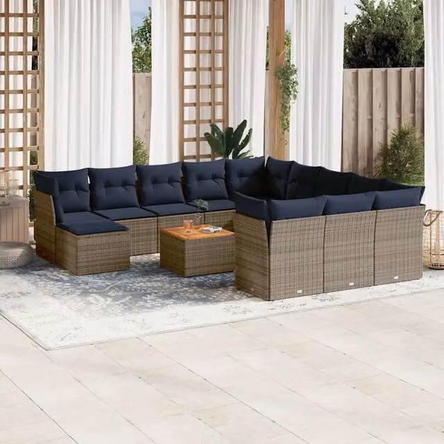 Set di divani da giardino vidaXL in rattan e legno di acacia oliato con cuscini grigi e blu per esterno