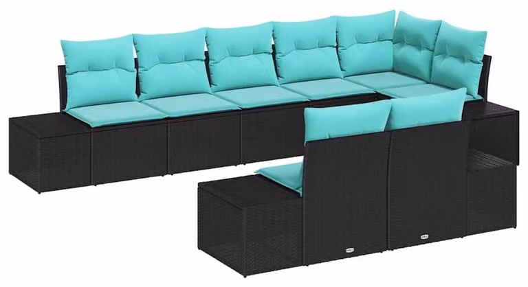 Set da giardino composto da 8 pezzi, colore nero, realizzato in rattan sintetico