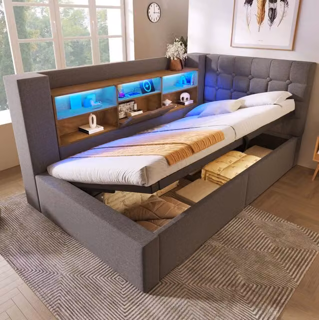 Letto singolo 90x190 cm con LED; contenitore idraulico; testiera a L reversibile; grigio
