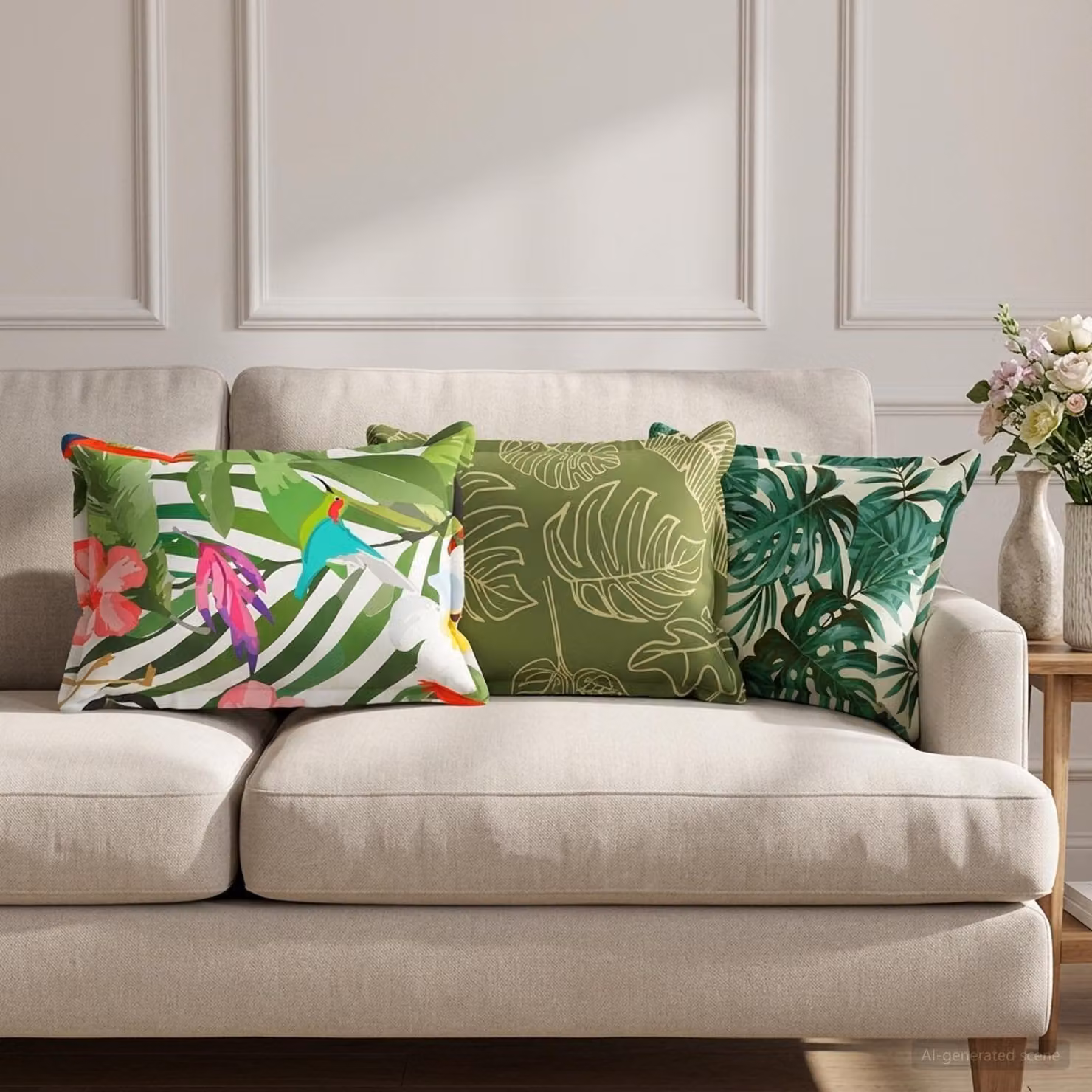 Set di 6 federe vidaXL HOUTEN con design floreale a foglia, colore verde, in poliestere, L 50 x P 30 cm