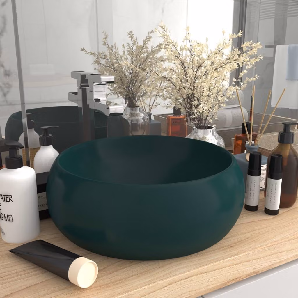 The Living Store Lussuoso lavabo rotondo verde scuro opaco 40x15 cm in Vetroceramica