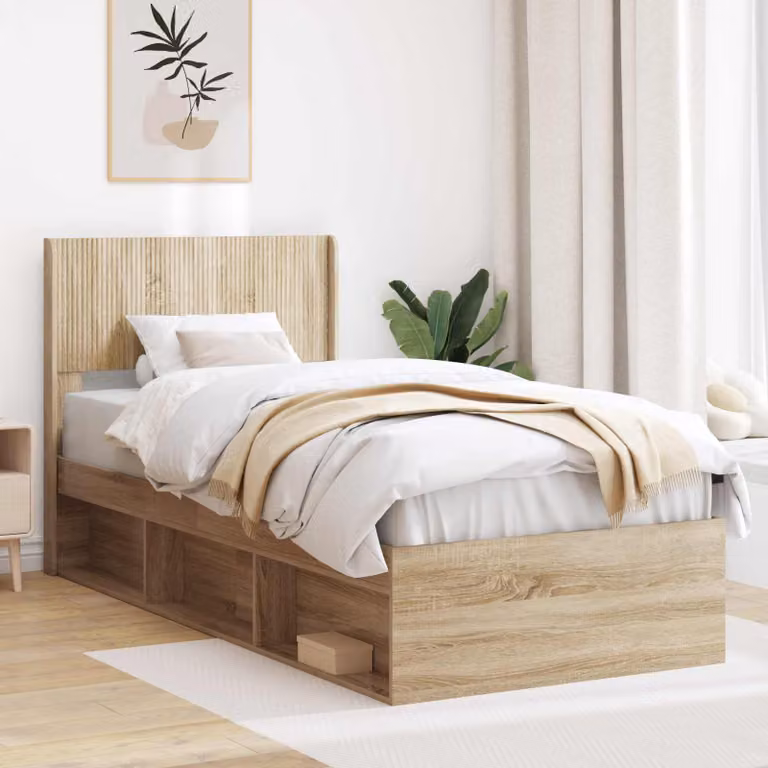 vidaXL Struttura letto con contenitore e testata in Rovere Sonoma, marrone, L/P/H: 90 x 190 x 97 cm