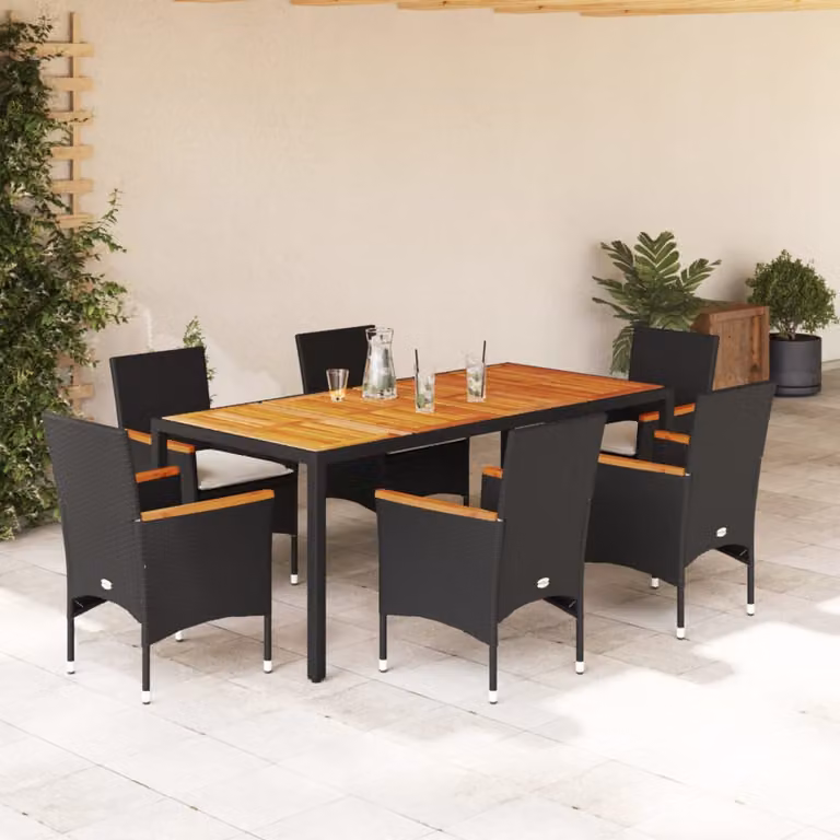 Set Pranzo da Giardino vidaXL 7 pz in Polyrattan e Legno di Acacia Nero con Cuscini Beige