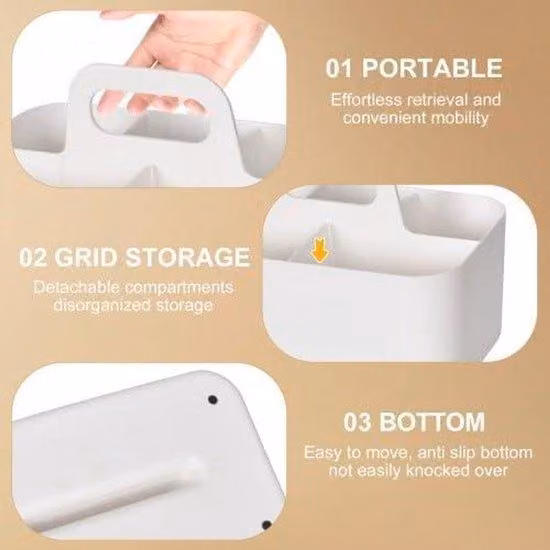 Borsa cosmetica in plastica con manico, impilabile, per accessori da trucco, bagno e ufficio.