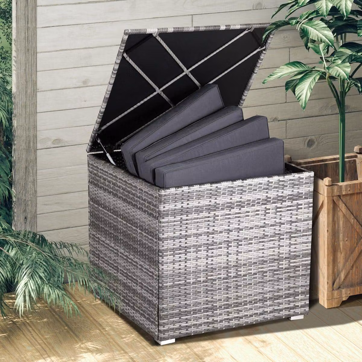 Contenitore da esterno in rattan, grigio, 75x75x70cm, resistente alle intemperie