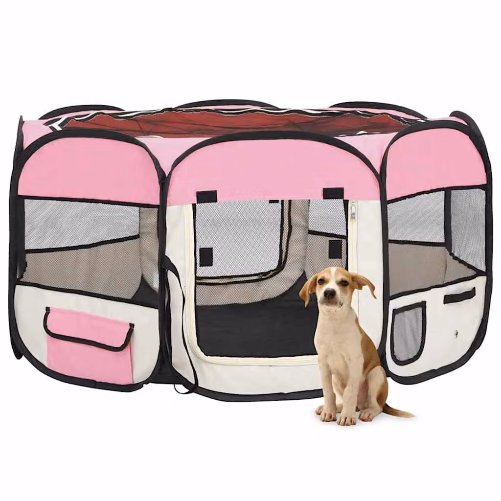 vidaXL Box per Cani Pieghevole con Borsa Trasporto Rosa L/P/H: 125 x 125 x 61 cm