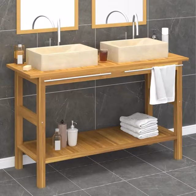 Mobile Vanità Bagno e Lavandini Marmo Crema Legno Massello Teak 3096578