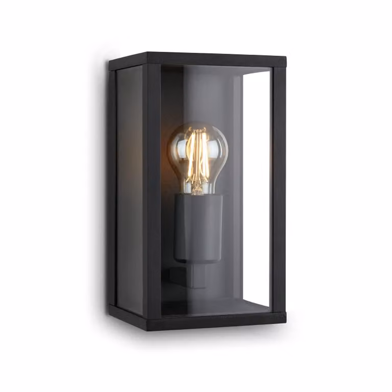 Lampada da parete per esterni, grado di protezione IP44, attacco E27, massimo 12W, dimensioni 26x14x13,5 cm, colore nero