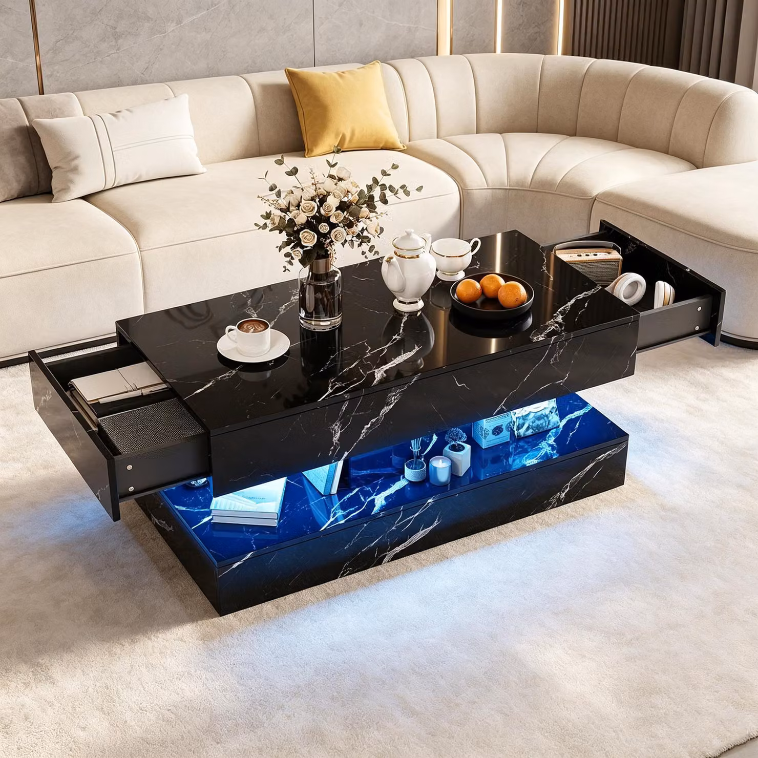 Tavolino da divano INONEFT con LED e spazio contenitivo nascosto, 2 cassetti, tavolino rettangolare lucido, tavolino da soggiorno, nero