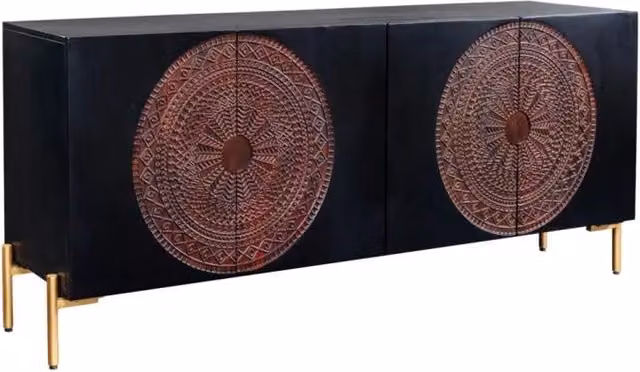 Buffet MAHARA 160 cm in legno di mango massiccio - 4 porte scolpite nero, marrone e dorato