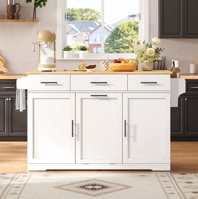 Isola cucina mobile con piano ribaltabile; 3 cassetti; vani con anta; prese USB; MDF bianco