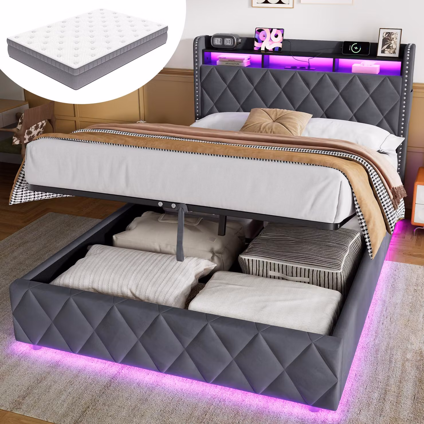 Letto imbottito MODFU, 140 x 200 cm, in velluto, con materasso. Letto per ragazzi con spazio contenitore idraulico. Letto matrimoniale multifunzionale con LED e testiera a rombi, colore grigio