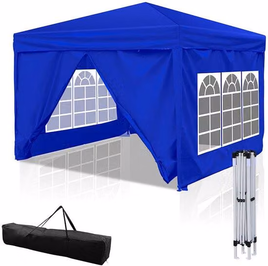 Gazebo da giardino 3x3 m, gazebo da incasso impermeabile, gazebo da tavolo blu con pareti laterali, casetta da giardino Easy Up