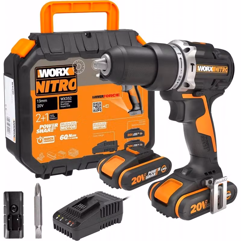 Trapano Avvitatore con Percussione Worx WX352 20V Brushless 60Nm con Mandrino 13mm e 2 Batterie 2Ah Arancione – 2