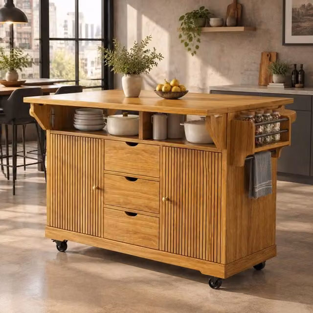 Carrello da cucina con piani ribaltabili e 3 cassetti; 142;5x80x95 cm; MDF marrone scuro