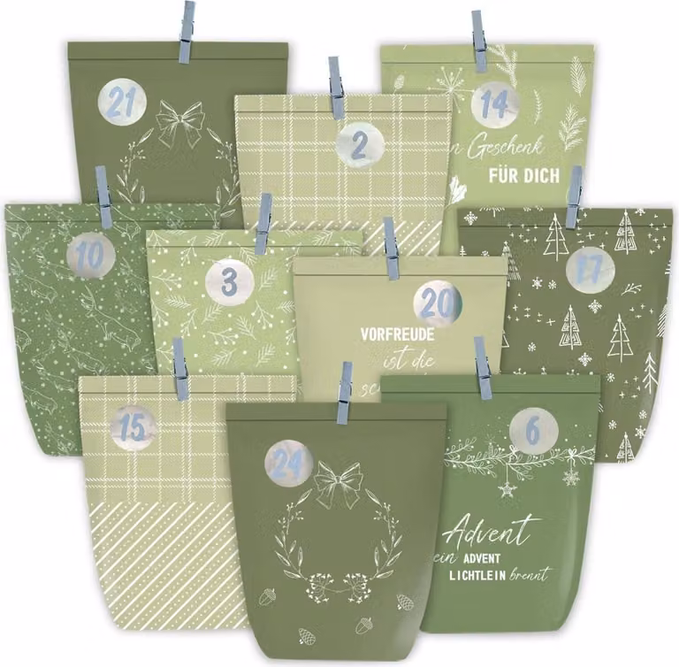 Calendario dell'Avvento in carta kraft da riempire e decorare, sacchetti natalizi verdi