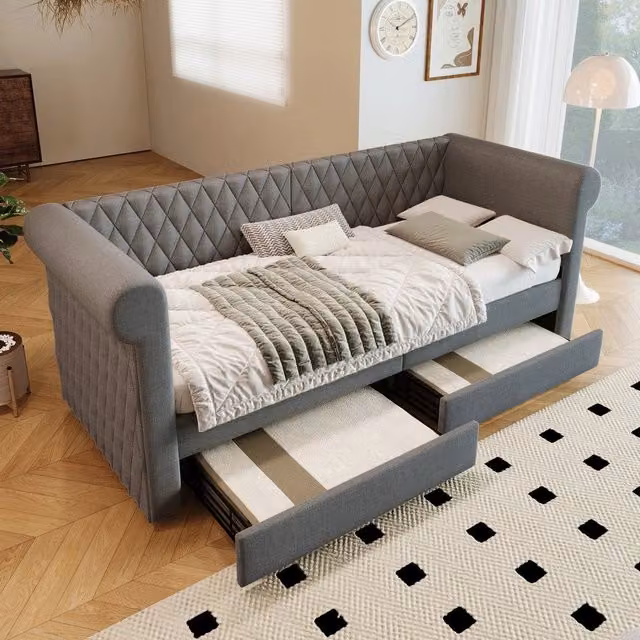 Letto Singolo Imbottito con Cassetti e Rete a Doghe ¨C MINIMAL ¨C Tessuto Grigio 90x200