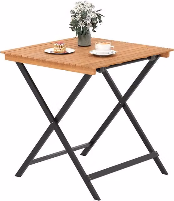 Tavolino da giardino quadrato pieghevole in legno di acacia con struttura a X e piano verniciabile, disponibile in nero o marrone