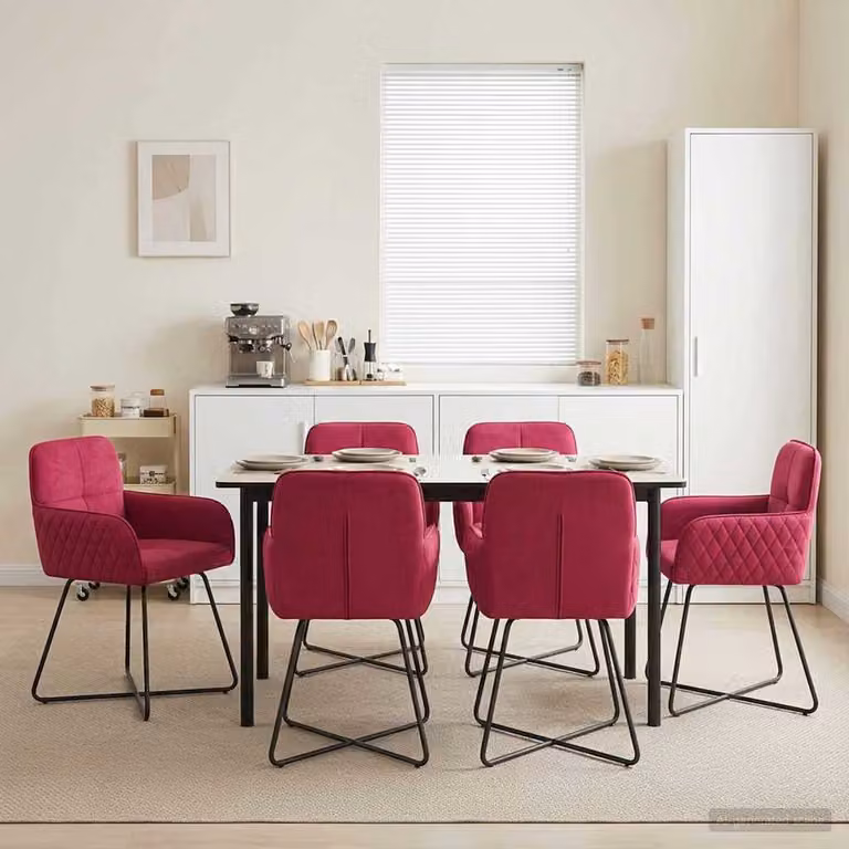 Set di 6 sedie da pranzo moderne vidaXL in velluto rosso con struttura in metallo, L: 59 cm, P: 56,5 cm, H: 86 cm