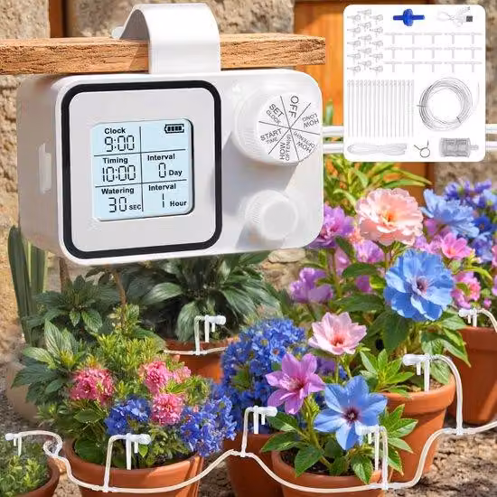 Sistema automatico di irrigazione per piante – Ugelli con regolazione della pressione – Timer programmabile – Sistema di irrigazione autonomo – Adatto per interni ed esterni – Tubo in PVC da 10 metri con attacco