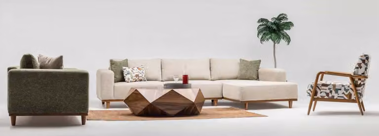 Garnitur Ecksofa L-Form Stoffsofa Dreisitzer Couch Sofa Beige Sessel