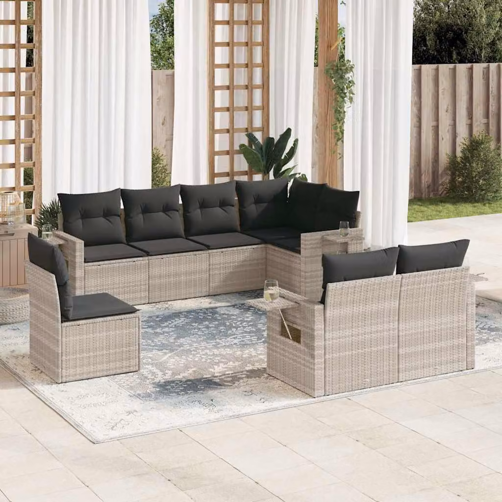 vidaXL Set Divano da Giardino 8pz in Polyrattan Grigio con Cuscini Imbottiti e Tavolino da Esterno – 1
