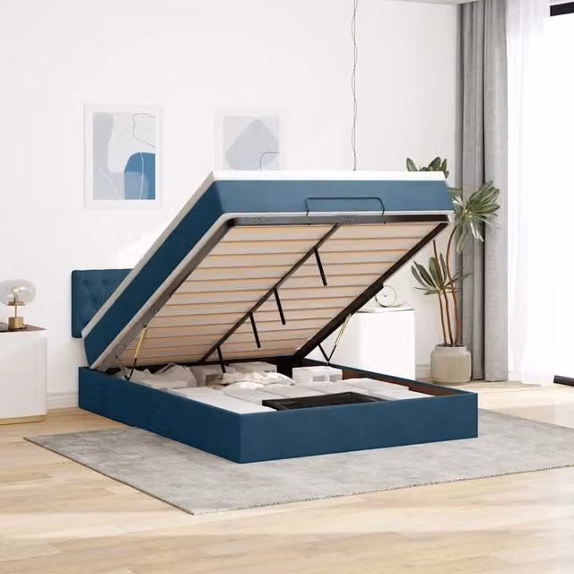 Letto con Pouf e Materasso vidaXL in Velluto Blu e Bianco L/P: 140 x 190 cm