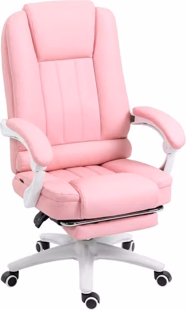Sedia da ufficio moderna in similpelle rosa con poggiapiedi, schienale reclinabile e braccioli, altezza regolabile