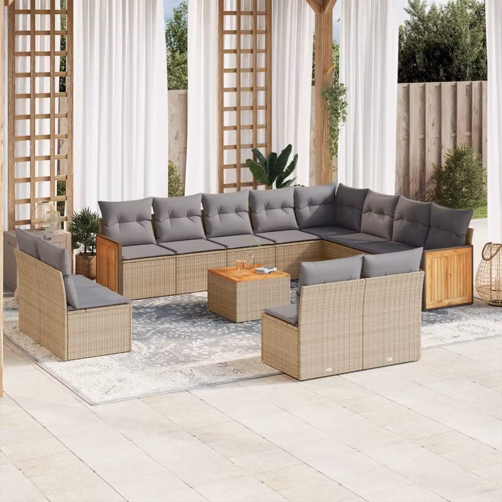 vidaXL Set Divano da Giardino 13 pz a forma di U con Cuscini Beige e Tavolino in Polyrattan e Legno di Acacia – 1