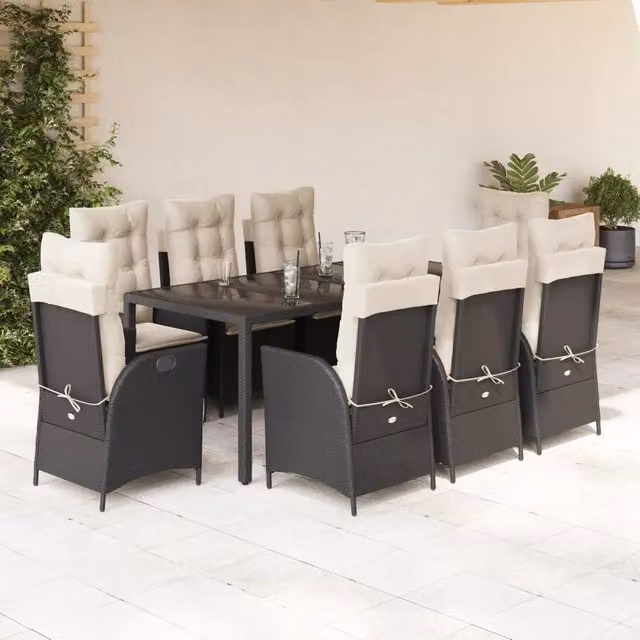 Set da pranzo da giardino vidaXL in polyrattan nero e bianco con 9 pezzi e cuscini