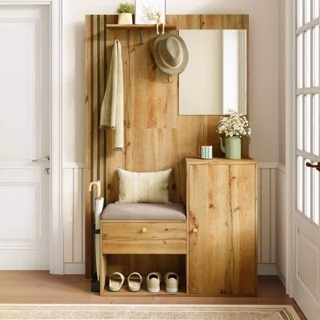 Guardaroba da ingresso moderno in MDF con specchio, seduta imbottita e portascarpe, L: 115 cm, P: 37 cm, H: 185 cm