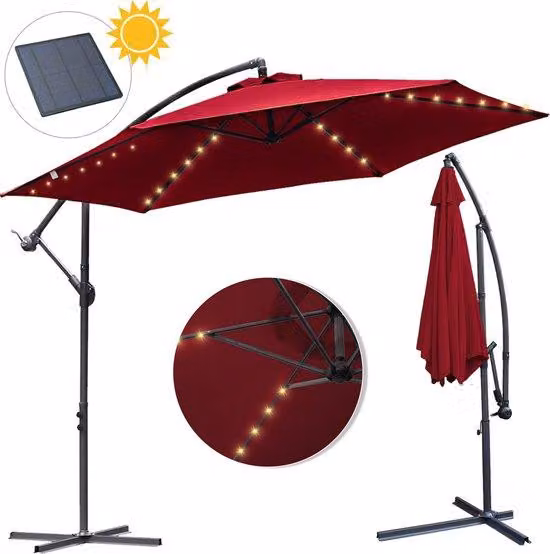 Ombrellone da giardino solare, diametro 300 cm (3 metri) - Colore: rosso - Orientabile e inclinabile - Rotazione a 360° - Impermeabile - Resistente - Ombrellone solare con base