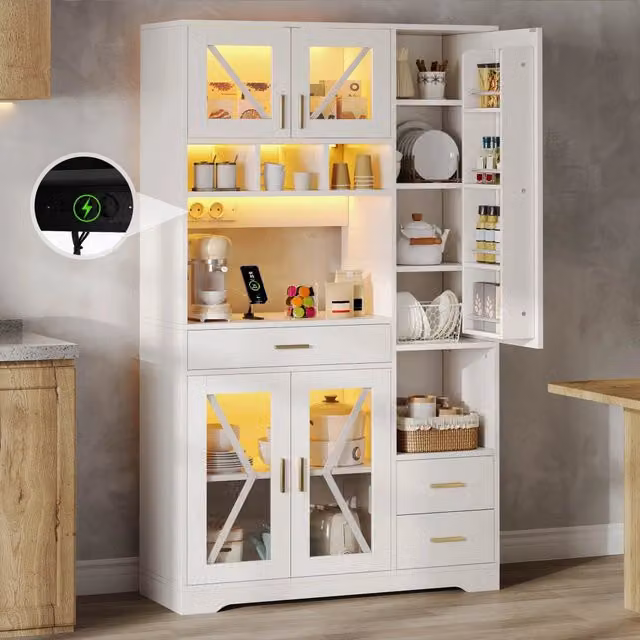 Armadio da cucina stile rustico, alta credenza con vetrina, ripiani regolabili, cassetto, LED multicolore e prese, 185x105x40 cm
