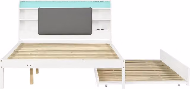 Letto funzionale in legno bianco, letto principale 120x200 cm con letto estraibile 90x190, testiera imbottita con mensola, LED e stazione di ricarica