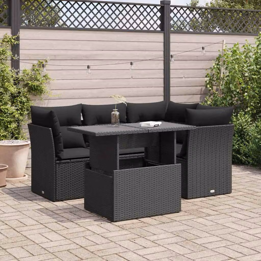 Set Divano da Giardino a L vidaXL 5 Pezzi con Tavolino in Vetro e Cuscini Neri