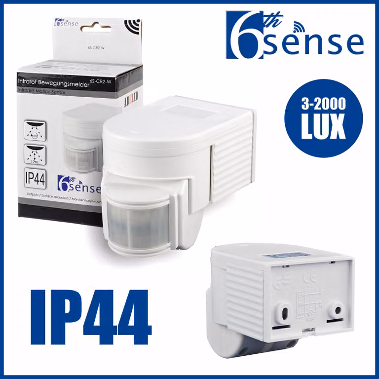 Sensore di movimento per interni ed esterni, montaggio a parete, tecnologia PIR, angolo di rilevamento 180°, portata 12 metri, grado di protezione IP44, con LED, colore bianco