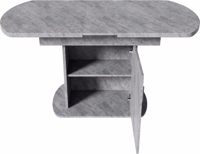Tavolo da pranzo ovale allungabile con vano portaoggetti L110/130 x P70 x H75 cm, finitura effetto cemento con maniglia argento