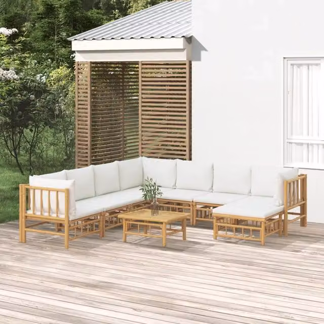 Set Salotto da Giardino Moderno vidaXL in Bambu con Cuscini Bianco e Beige 9 Pezzi – 1