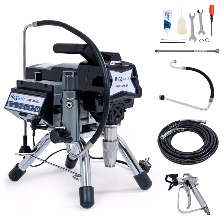 Pompa Airless per verniciatura - HEXWELT - HW-AM-24 motore brushless 1300 W 227 bar 2,4 l/min con tubo alta pressione 15 m per professionisti