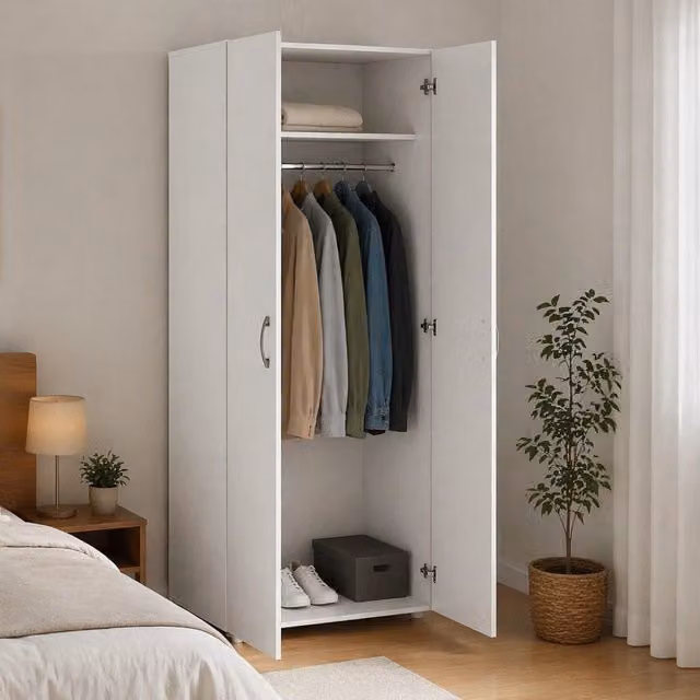 Armadio a 2 ante Malvito DMORA, cabina armadio con appendiabiti e ripiani, Bianco opaco, L: 74 cm, P: 52 cm, H: 179 cm – 1