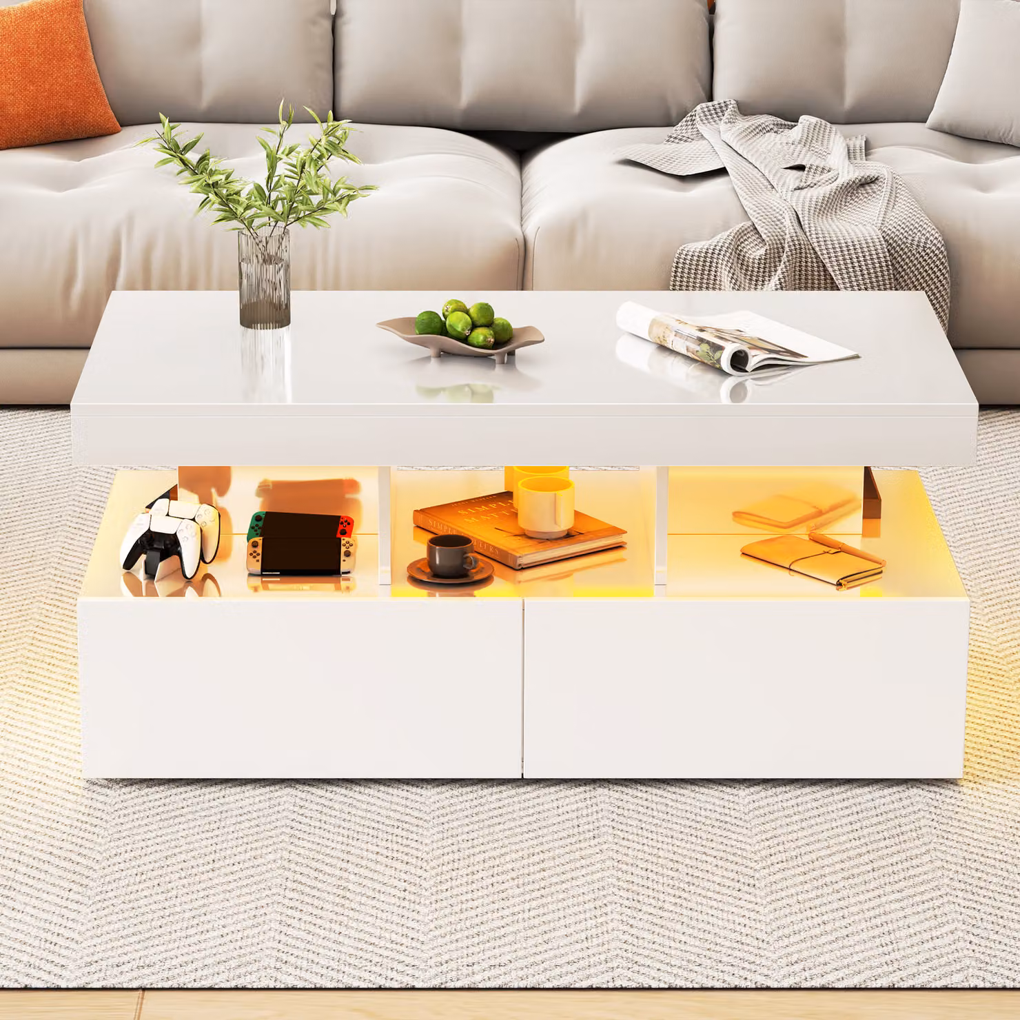 Tavolino moderno a LED con ripiani aperti e 2 cassetti, design a due livelli, bianco