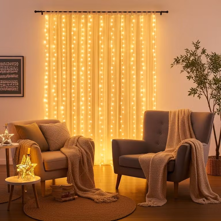 Tenda luminosa a LED elegante, con telecomando, luce bianco caldo, 200 LED, dimensioni 3x3 metri: illuminazione accogliente e decorazione romantica per camere da letto e soggiorni