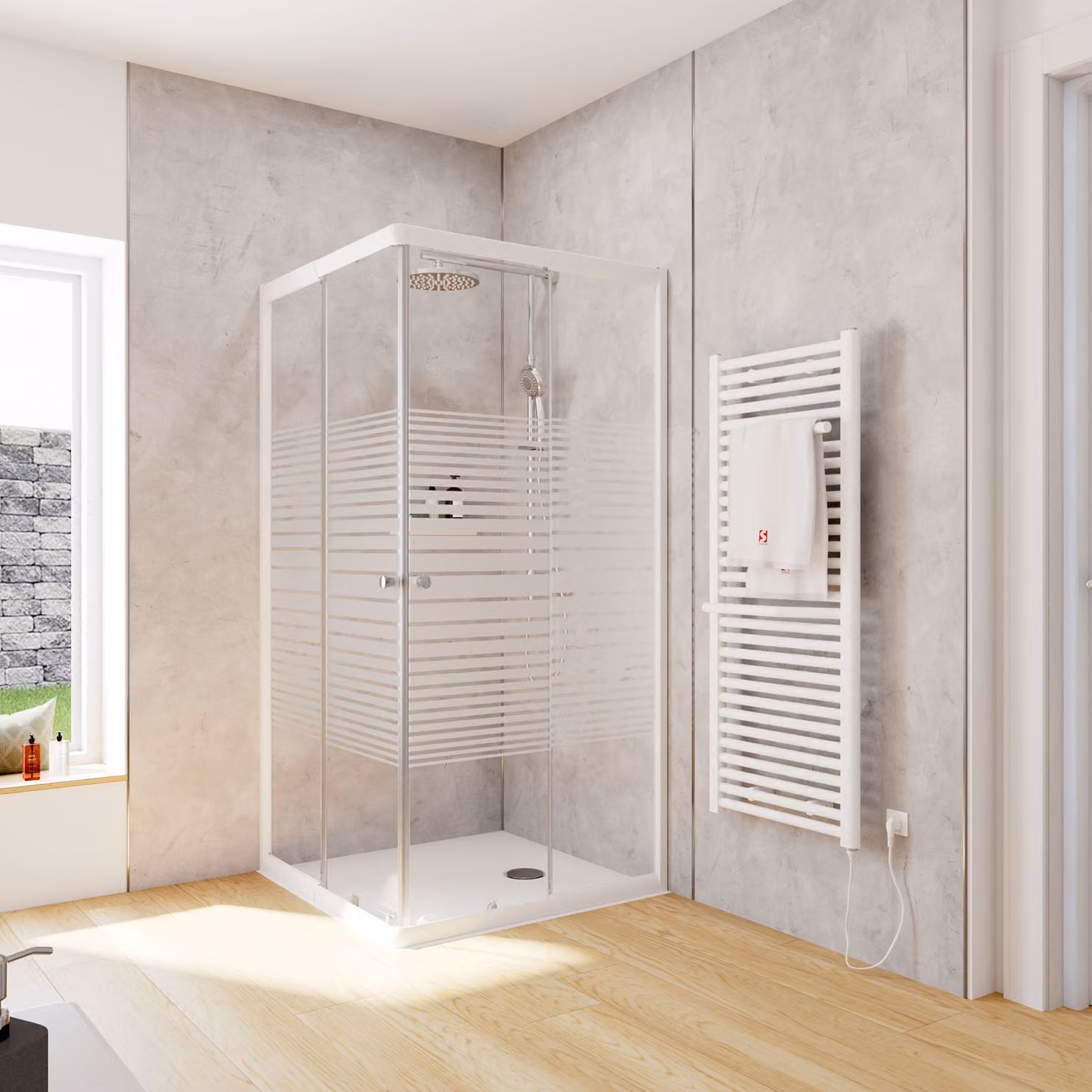 Cabina doccia Schulte Corner con ingresso angolare e porte scorrevoli, installazione su piatto doccia o piastrelle, vetro di sicurezza temperato da 4 mm, altezza: 180 cm, 90 x 90 cm, colore del profilo: bianco alpino, tipo di vetro: decorazione a strisce