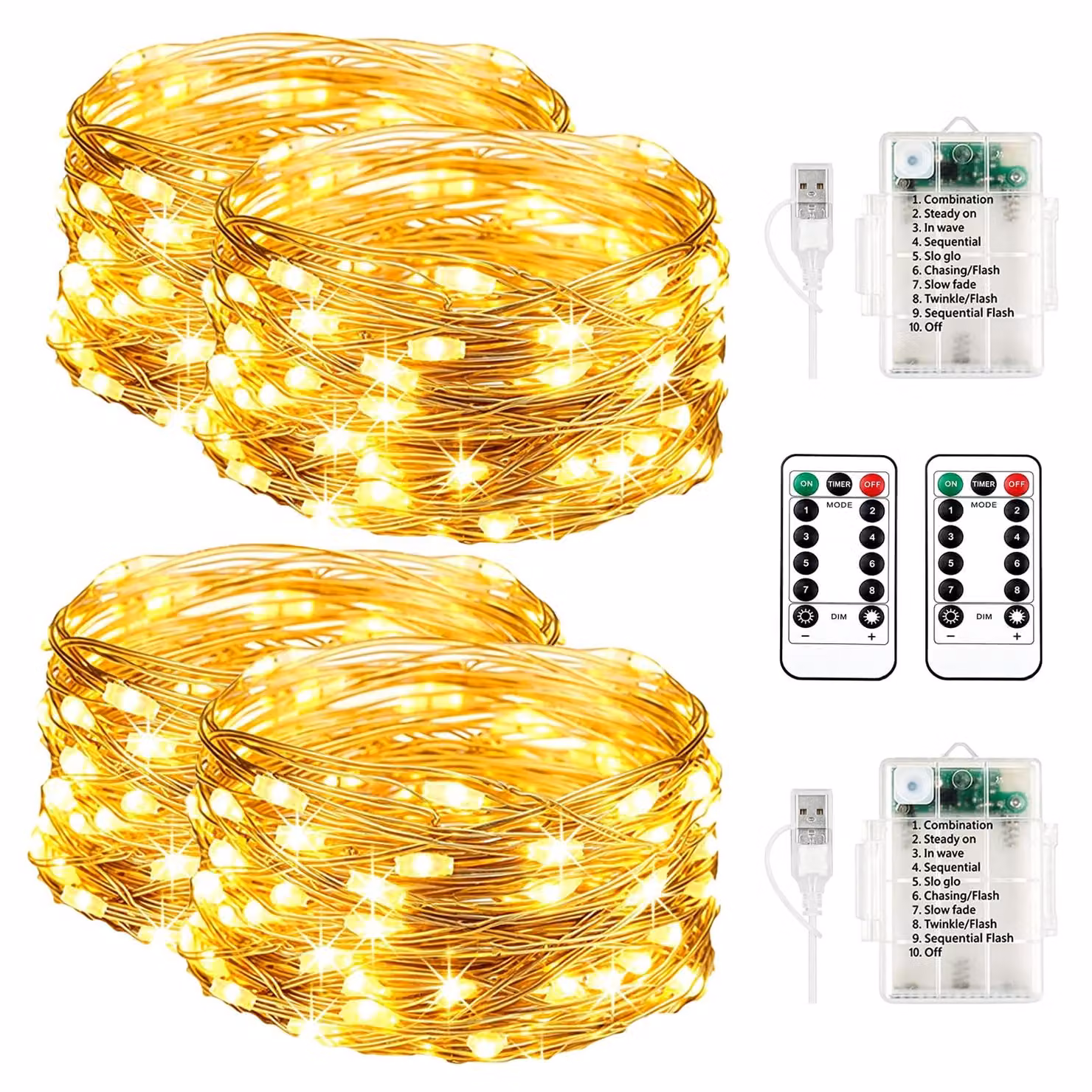 Set da 2, catena luminosa da 10 metri con 100 LED, alimentata a batteria, luce bianco caldo