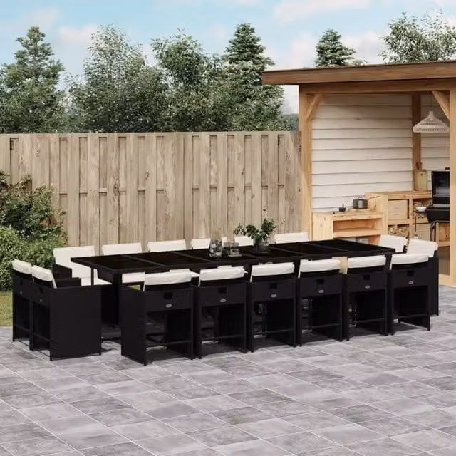 Set da Pranzo da Giardino vidaXL in Polyrattan Nero con Cuscini e Tavolo in Vetro, 17 Pezzi – 1