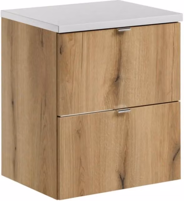 Set da bagno sospeso VANO in finitura rovere e bianco 50cm: mobile sottolavabo con cassetti + piano per lavabo