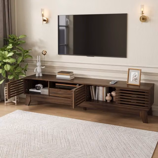 Mobile TV con 3 ante; cassetto e vani aperti; frontali scanalati in MDF color noce 170 × 35 × 40 cm